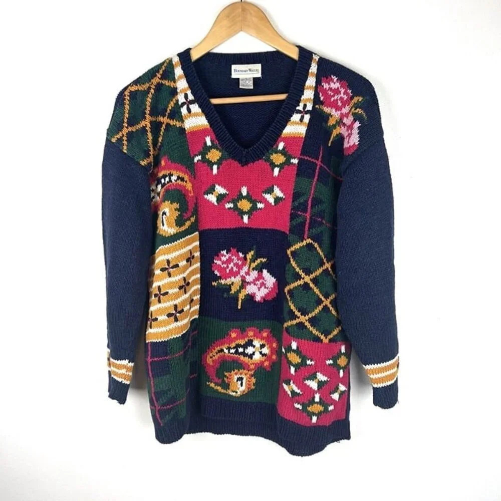 Vintage Boundary Waters Floral V neck Summer Sweater Sz S Cottage Core Grandma